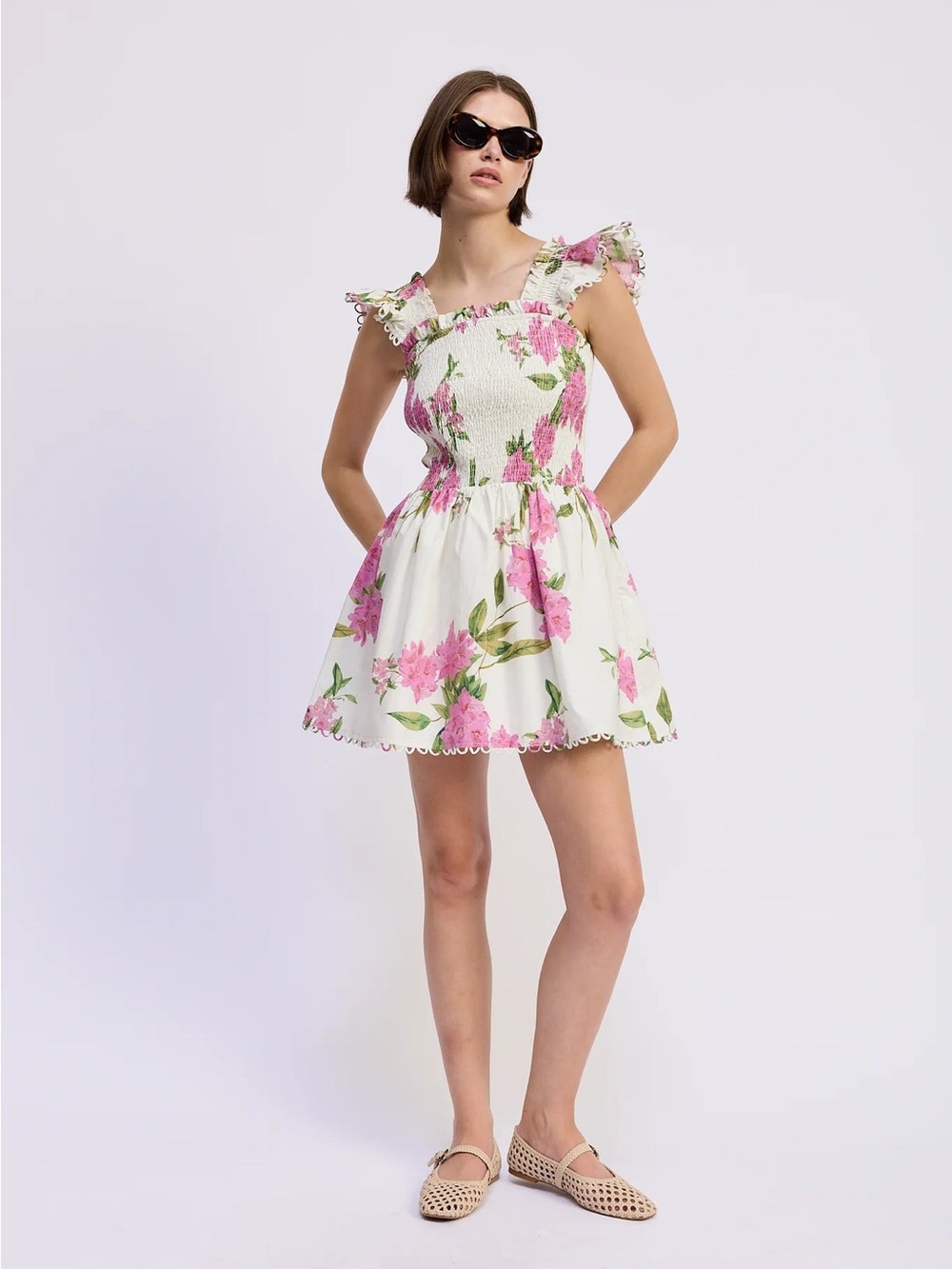 En Saison Esther White Mini Dress with Pink Floral Print Size S NWT